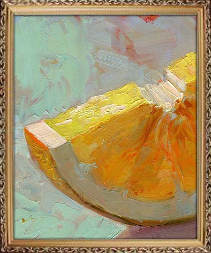 Oil painting of an orange slice, artist portfolio