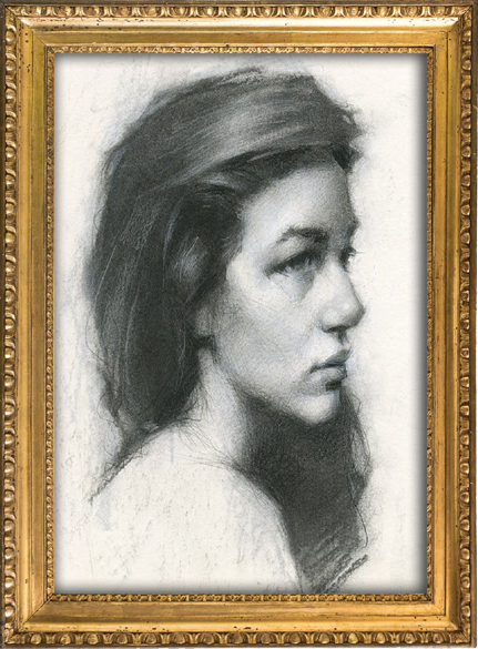 Charcoal drawing of a young girl with dark hair, artist portfolio